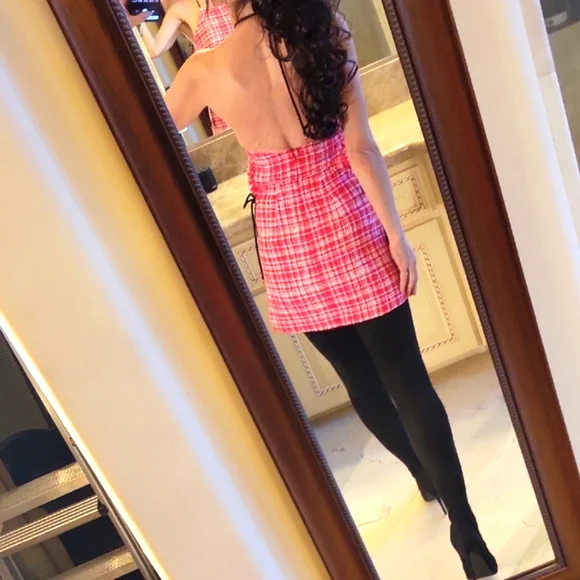 Self-Portrait Red & White Plaid Sleeveless Halter Mini Dress, Sz 0 - Picture 15 of 17